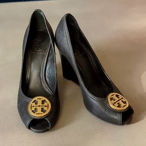 Tory Burch Black Leather Wedge Peep Toe Heels - women's size 7.5